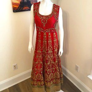 Stunning Coral & Gold Anarkali Palace Dress heavily beaded - Wedding , Formal